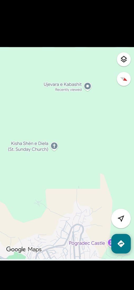 Google Maps showing Kisha Shën e Diela church, Pogradec and the Kabash waterfalls close together